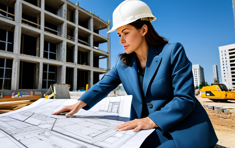 가이아나 가는 방법 - **Prompt:** A professional female architect, fully clothed in a modest, stylish pantsuit, reviewing ...