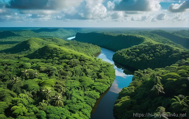가이아나 열대우림 투어 - **Prompt:** "A vibrant, panoramic view of the Guyanese rainforest from a high vantage point, with an...