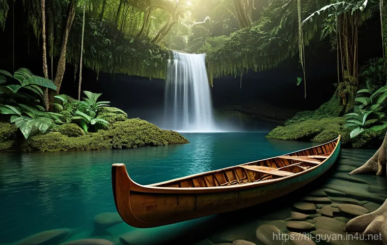 가이아나 열대우림 투어 - **Prompt:** "A serene depiction of an indigenous Guyanese village nestled within the edge of the rai...