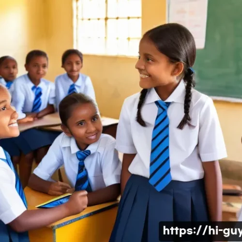 Home 30 가이아나의 교육 시스템 - A vibrant classroom scene in Guyana where children wearing school uniforms with visible cultural mot...