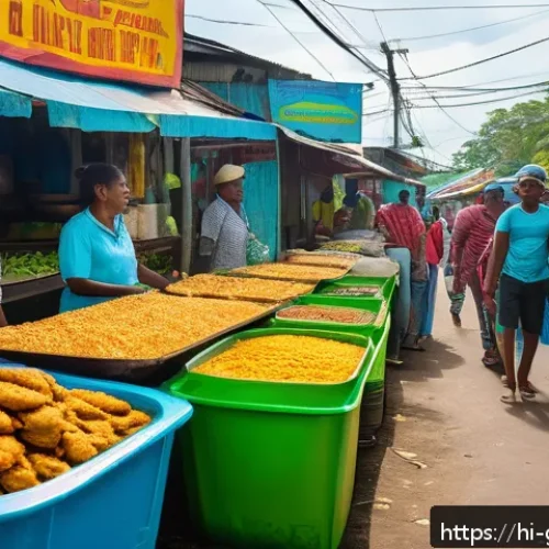 Home 29 가이아나 거리 음식 - A vibrant street food market scene in Guyana featuring colorful food stalls with traditional dishes ...