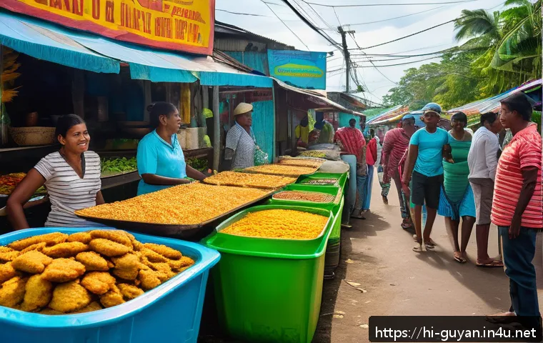 가이아나 거리 음식 - A vibrant street food market scene in Guyana featuring colorful food stalls with traditional dishes ...