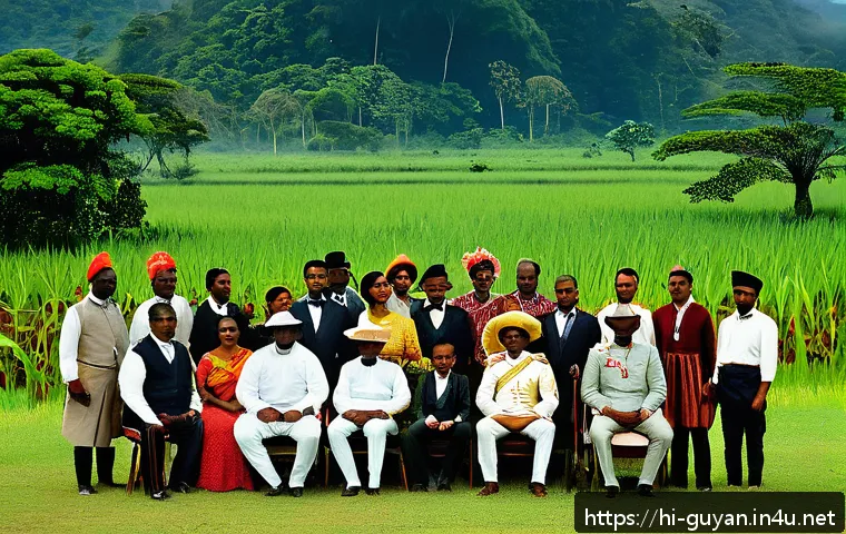 가이아나와 영국 식민지 역사 - A vivid historical scene depicting a diverse group of Guyanese local leaders and community members i...