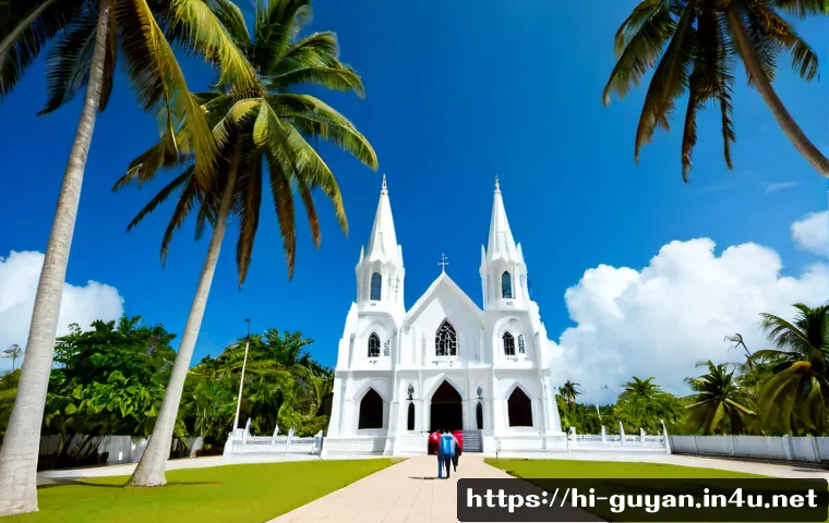 가이아나 조지타운 관광 - Photorealistic travel scene in Georgetown, Guyana, elegant white wooden Gothic cathedral framed by t...