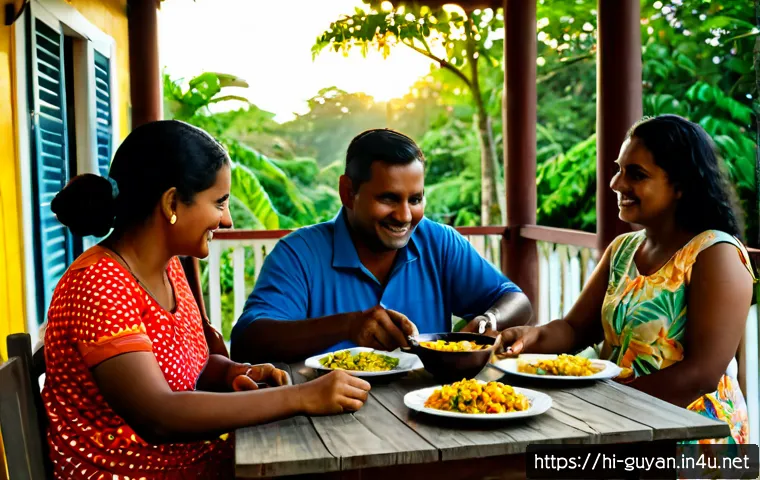 Home 17 가이아나 크리올 문화 - Photorealistic Guyanese Creole family gathering on a shaded wooden veranda in Georgetown, adults and...